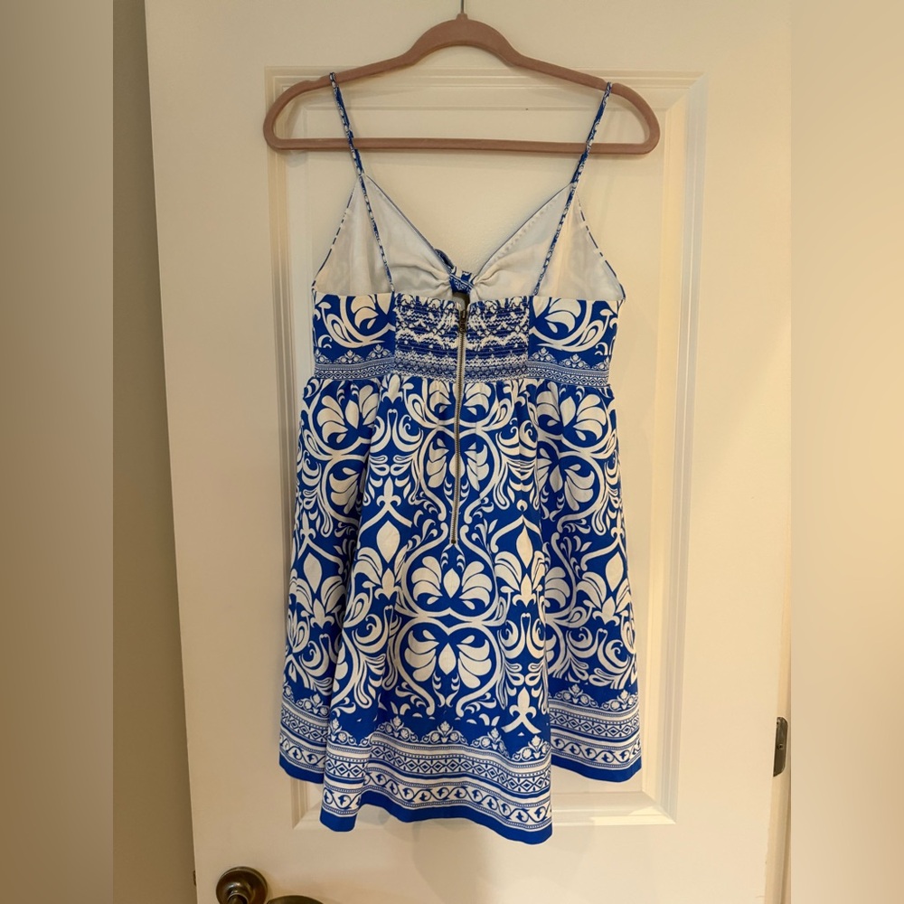 Alice + Olivia Blue and White Floral Dress Melvina Bow Mini Linen - Picture 4 of 11
